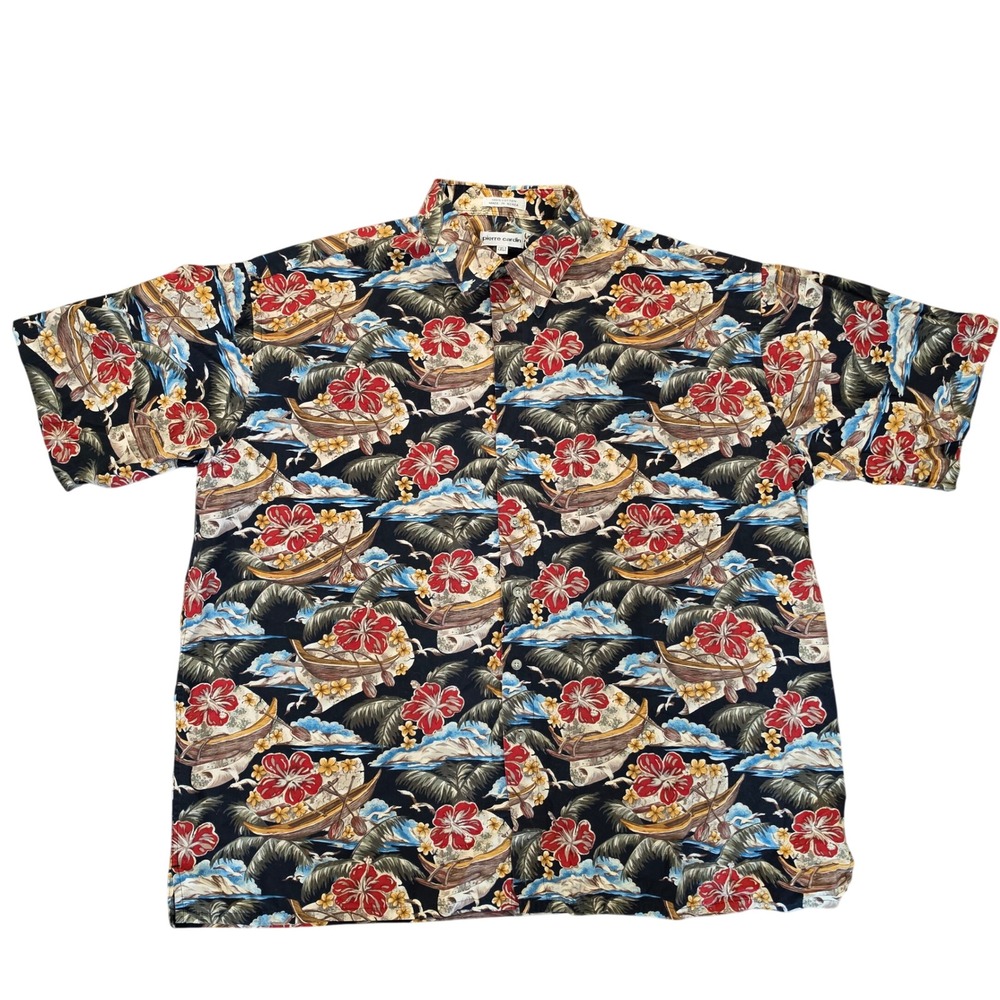 Pierre Cardin Mens 2XLT Tropical Hawaiian Shirt Cotton Hibiscus Canoe Print